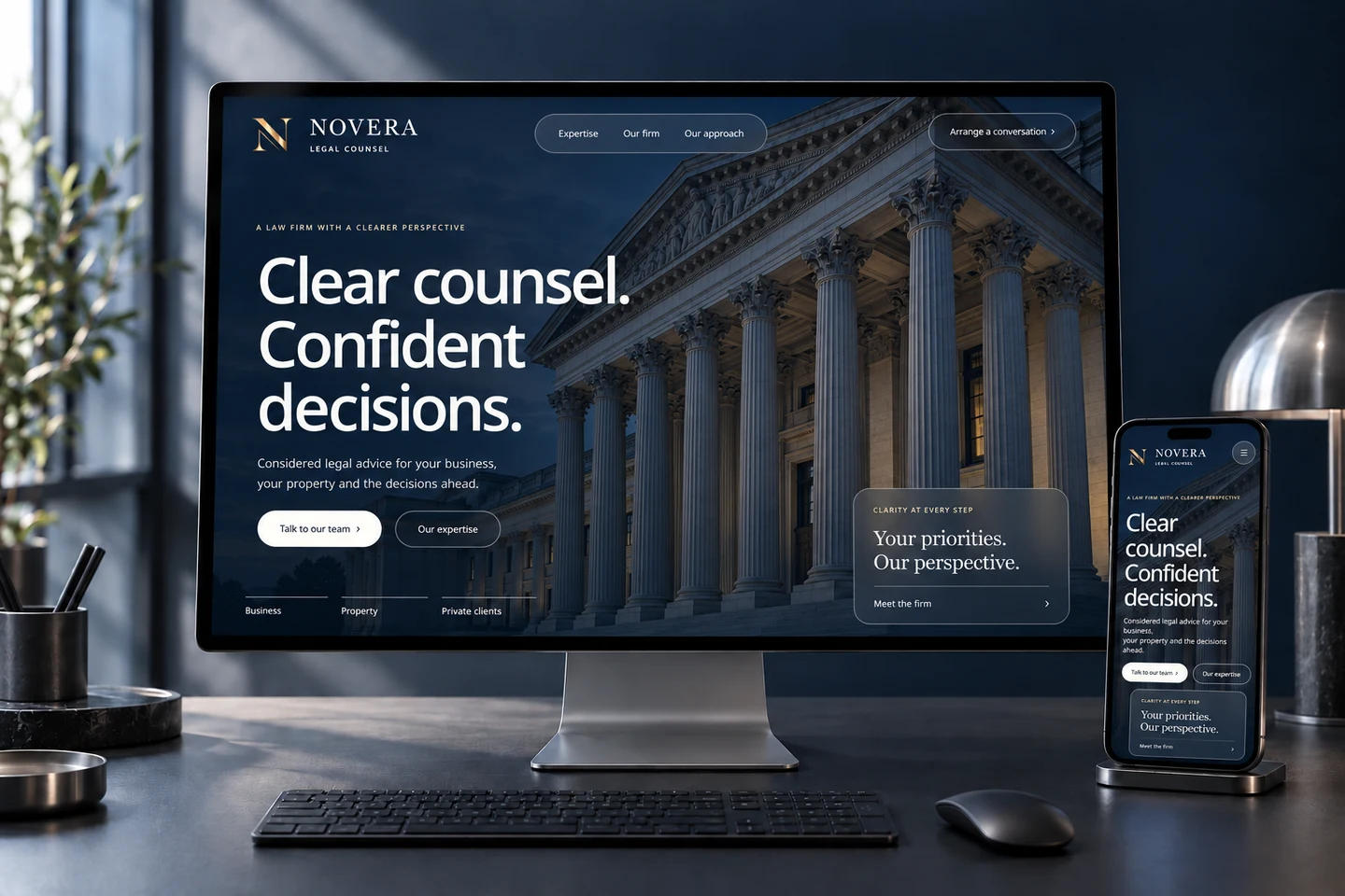 An illustrative Novera law firm website with courthouse columns and its logo, shown on a desktop monitor and phone.
